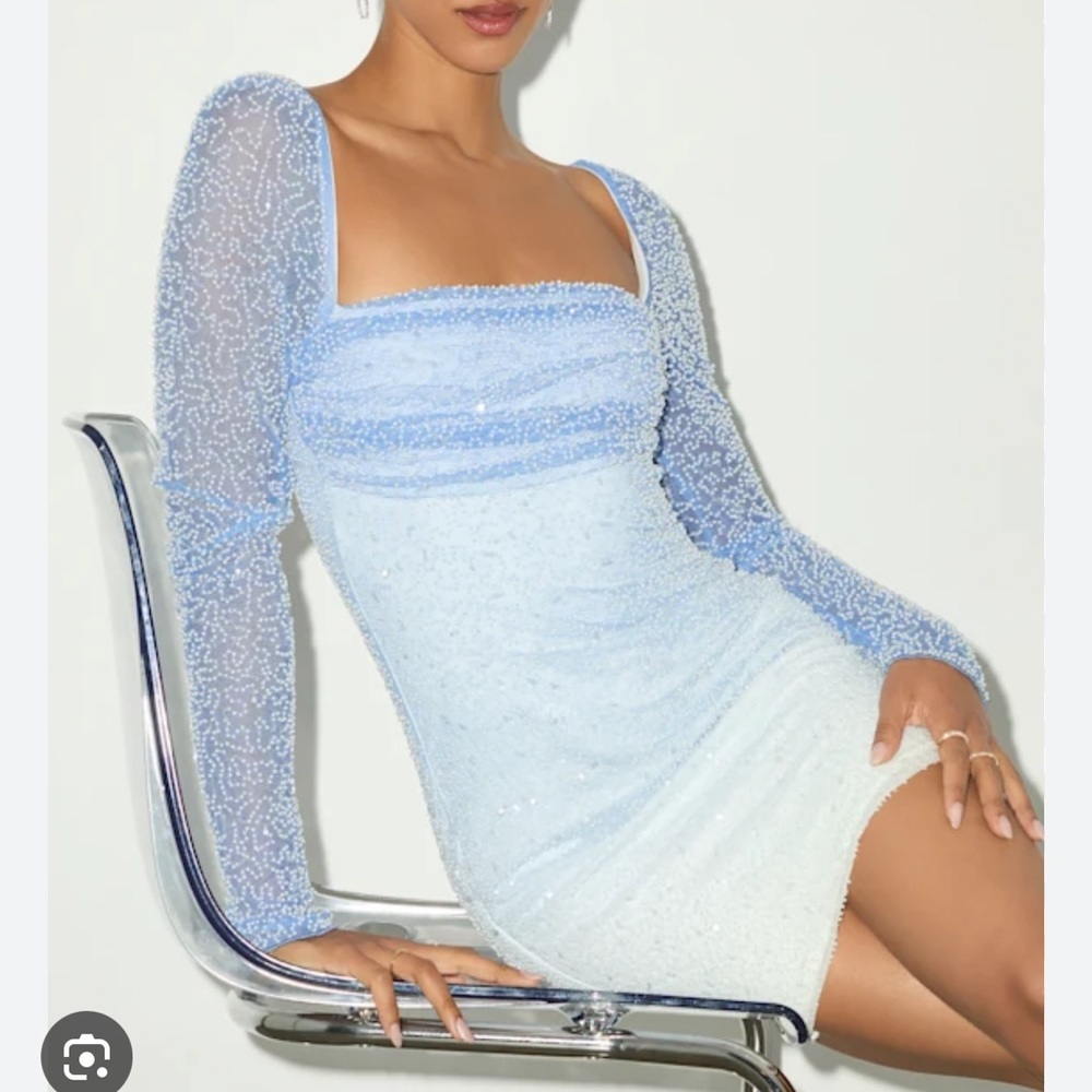 LULUS WOMENS GLORIOUS PERSONA OMBRE BEADED MINO DRESS BLUE SMALL NEW WITH TAGS